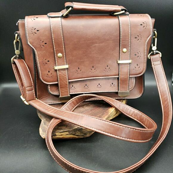 Ecosusi Faux Leather Satchel Purse Brown Cutout Detail Crossbody 11"x8.5" - Picture 1 of 10